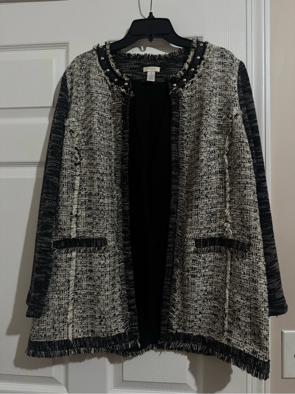 Chico's Black & Cream Tweed Pearl-Trim Open Cardigan